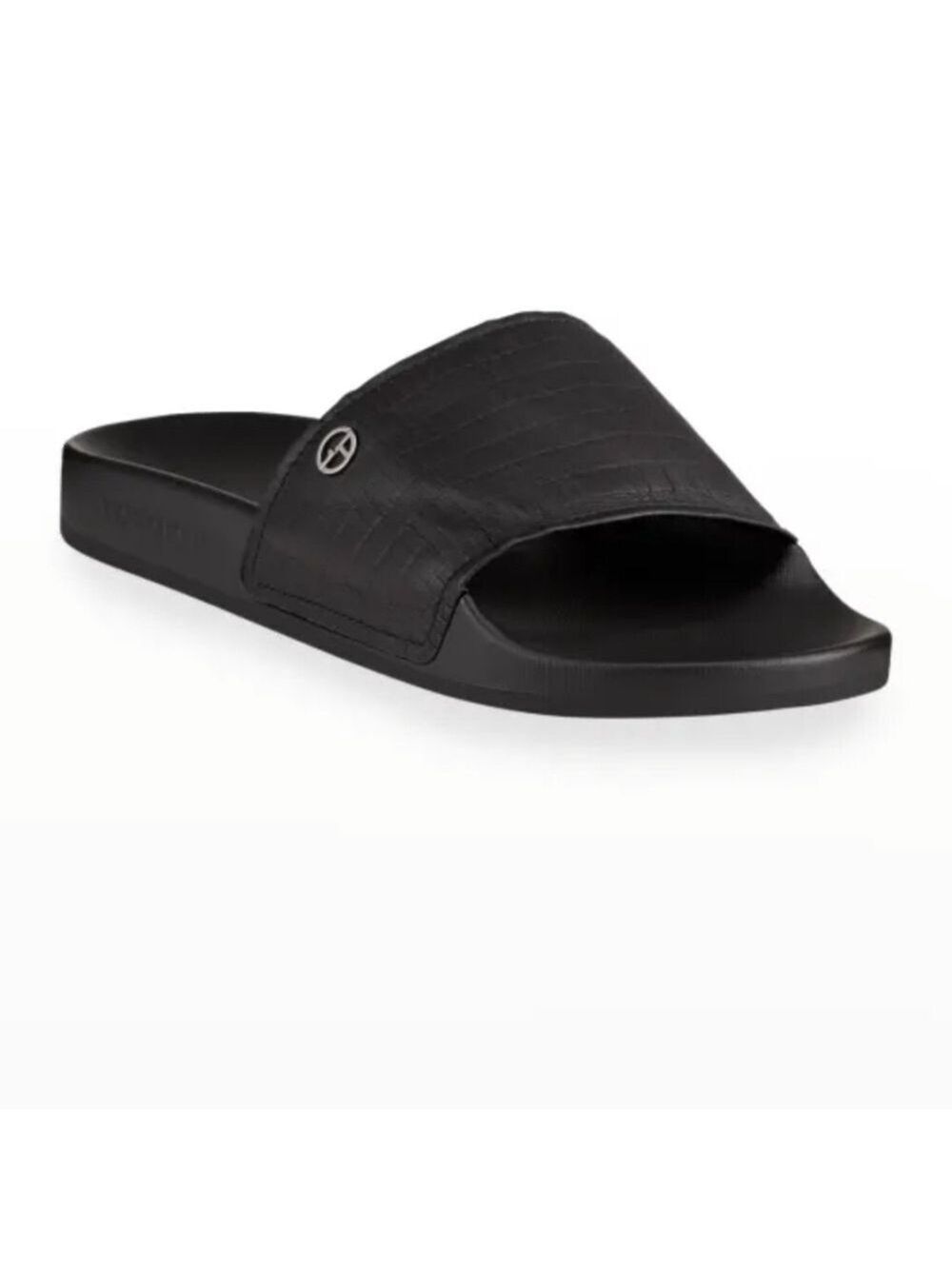 GIORGIO ARMANI MEN'S BLACK LOGO TEXTURED LEATHER POOL SLIDES us size 7